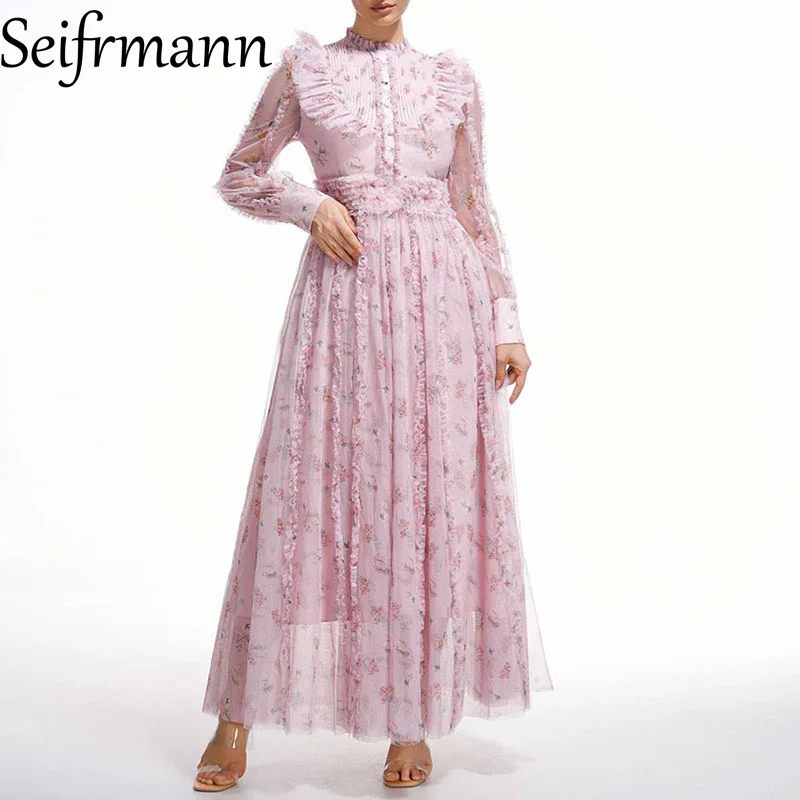 Seifrmann Damen Elegantes Party-Abschlussballkleid, Sommer, Netzstoff, lange Ärmel, Volantrand, Blumendruck, modische Big Swing-Kleider