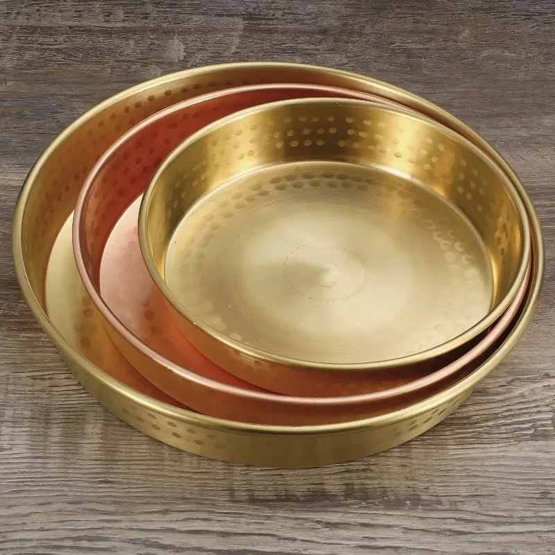 Round Pure Copper Plate for Rice Cake Soup Vegetable Serving Feng Shui Decor Deepened Copper Basin Kitchen Utensil Brass Red