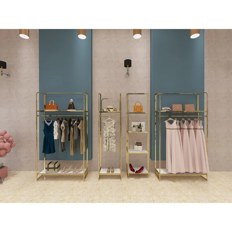 Custom, Goud Boutique Winkel Winkel Kleding Fittingen Display Meubelen Kleding Rek Stand