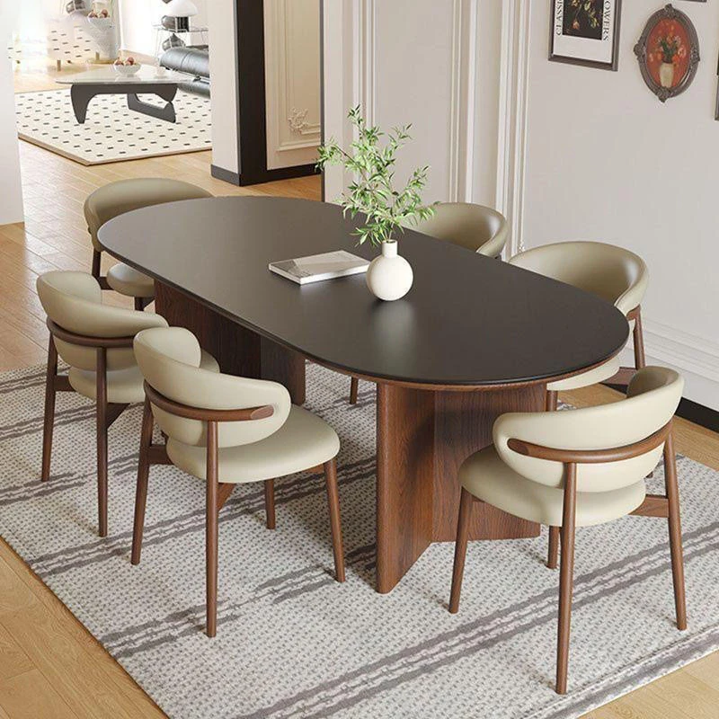 Nordic French retro oval antique wood dining room table 6 seater walnut restaurant dinner table and chairs set kitchen furniture