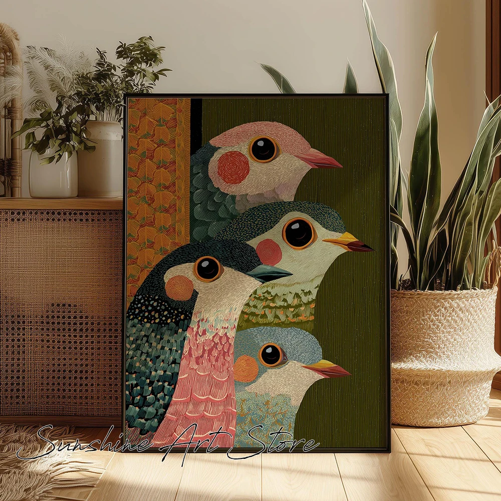 Modern Colorful Birds Wall Art Print Green Pink Retro Bird Graphic Poster Eclectic Living Room Art Canvas Painting Wall Pictures
