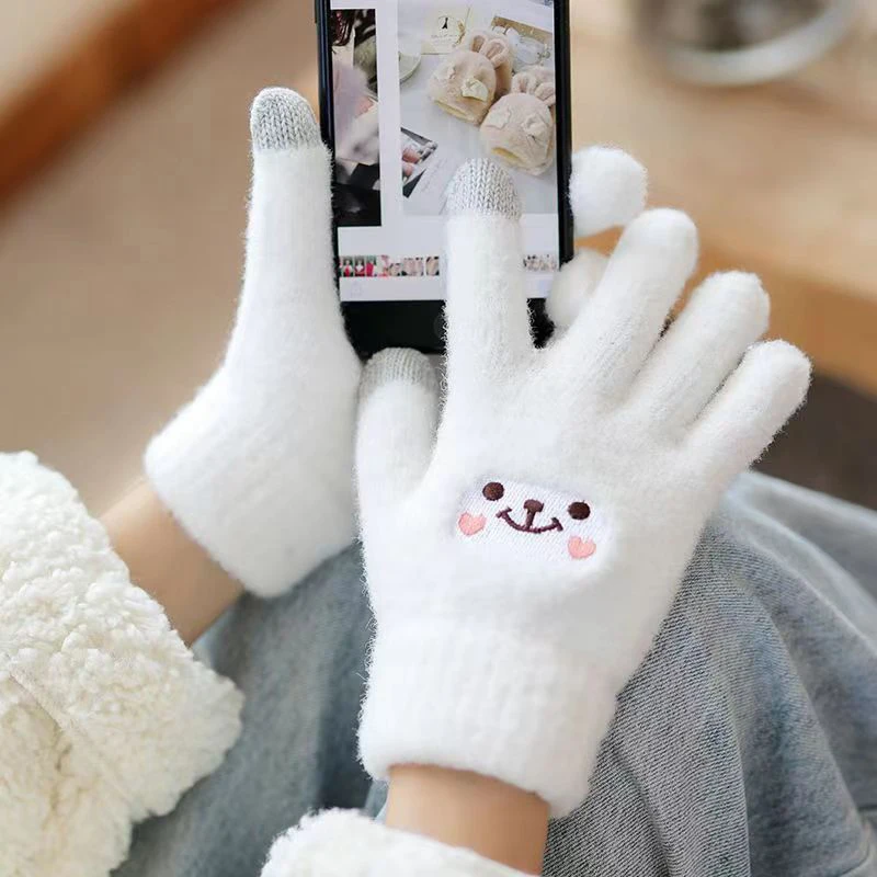 

Kawaii Knitted Gloves Female Cute Cartoon Embroidered Bear Touchscreen Gloves Autumn Winter Warm Women Shopping Knit Soft Gloves