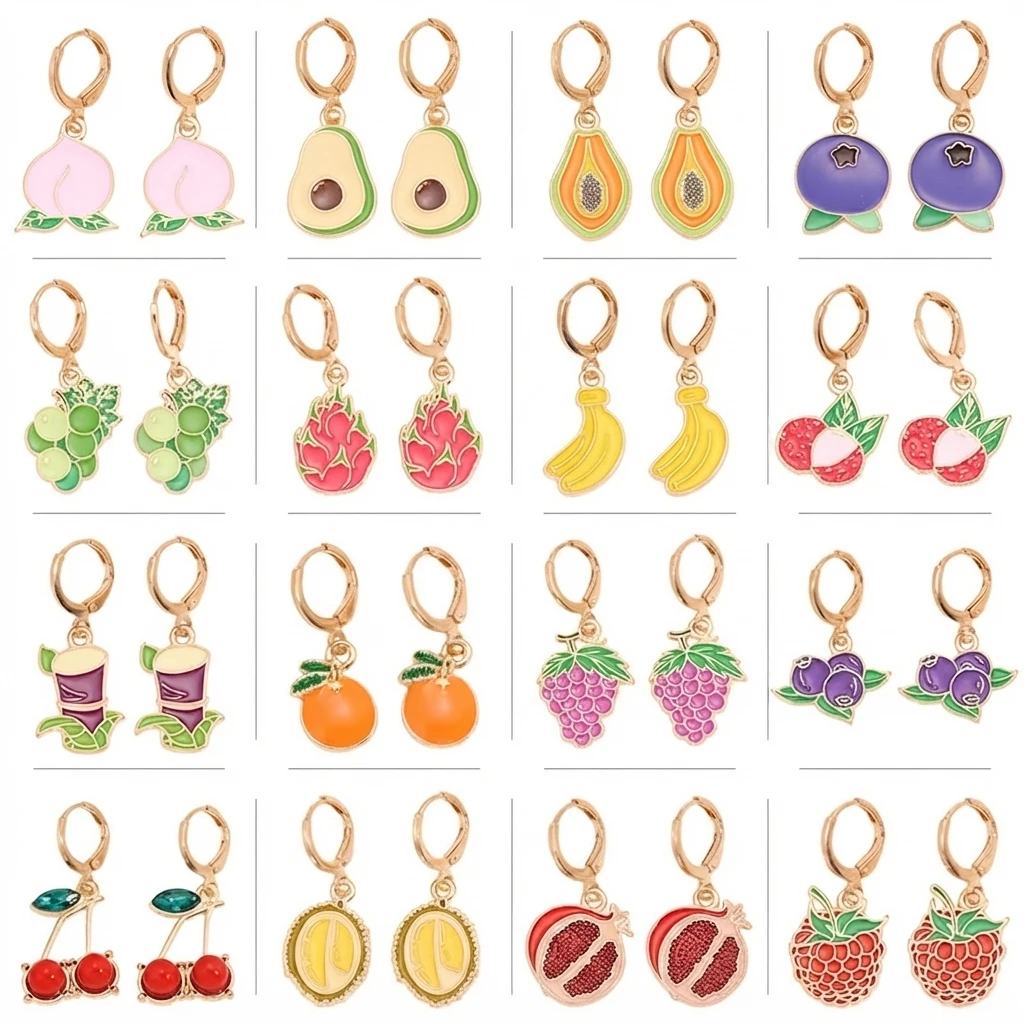 Peixin Cute Fruit Enamel Dangle Earrings Gold Tone Mixed Cherry Avocado Watermelon Drop Earrings for Women Fashion Jewelry Craft