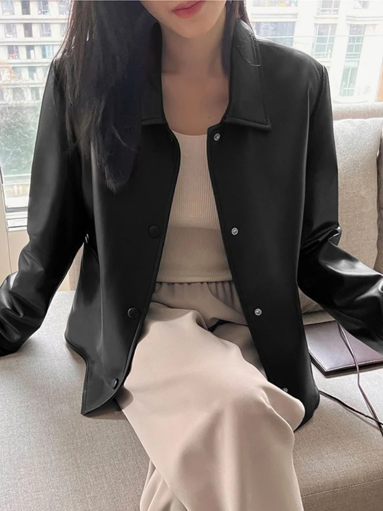 黒 PU ボタンレザージャケット女性パンク和風レザージャケット 2025 秋ハイストリートファッションカジュアルレザージャケット