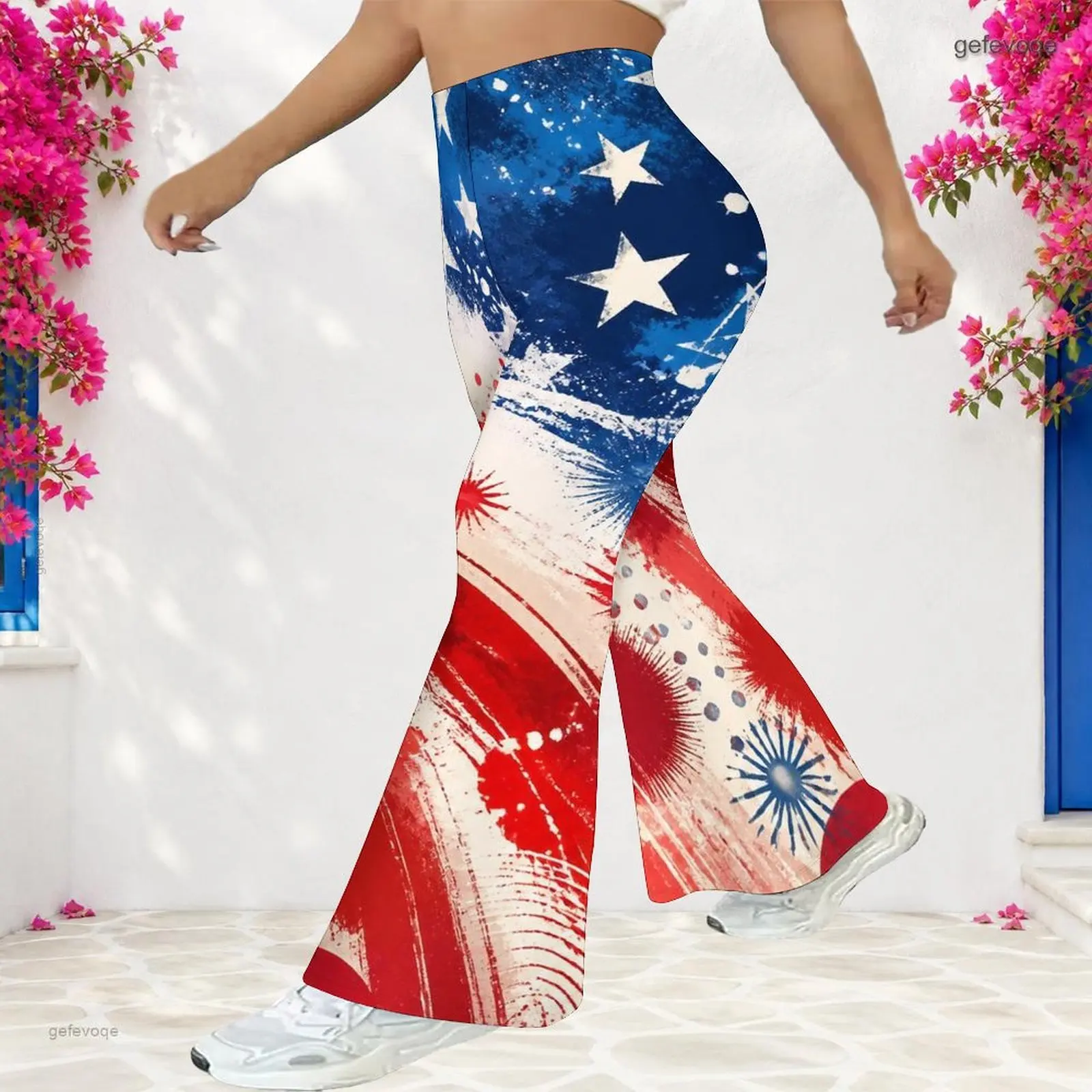 Women High Waist Full Length Flared Pants Navy Blue Printed Starry Sparkle Dot Pattern Trousers