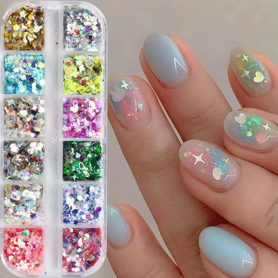 12 Grids Nail Art Glitter Sequins Mixed hexagon Heart Star Reflective Colorful Holographic Flakes Shiny Manicure Accessories