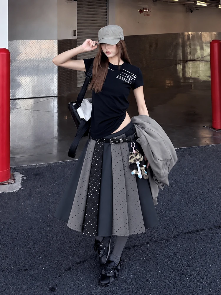 ReddaChic Modern Polka Dots Women Long Skirt Autumn Contrast Stitch Draped Low Waist A-line Pleat Midi Long Skirt Lounge Bottoms