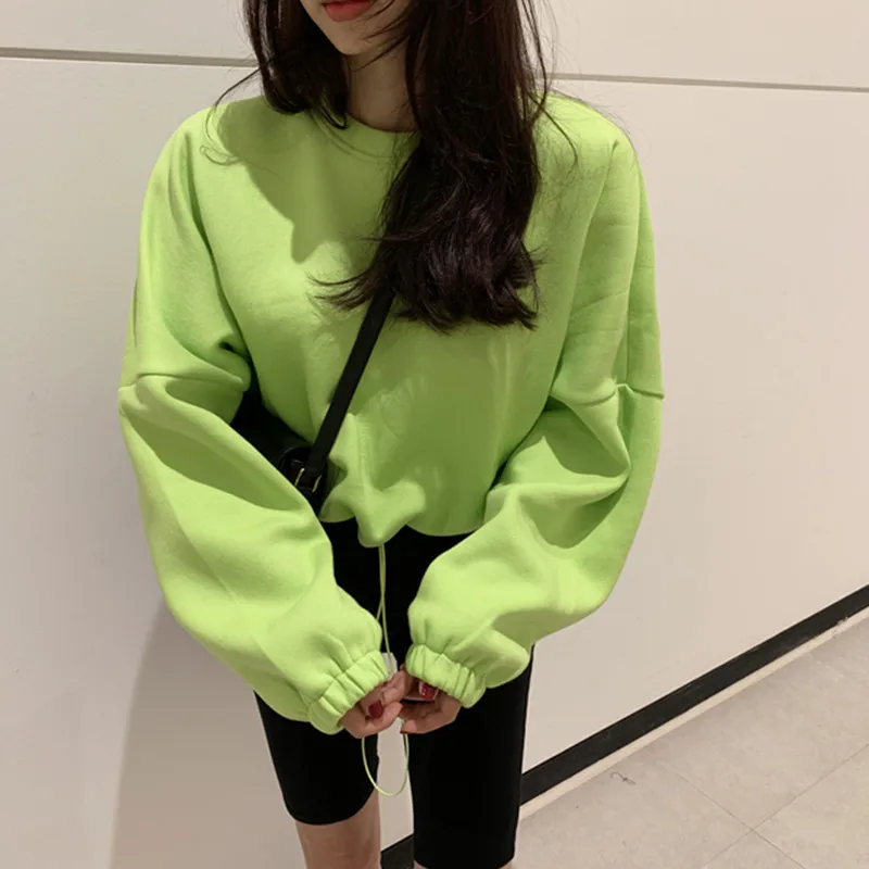 Long Sleeve Hoodie Sweatshirt Women Casual Slim Pullover Neon Green Sweatshirt O-neck Solid Sweatershirt Harajuku Tops Hoodie