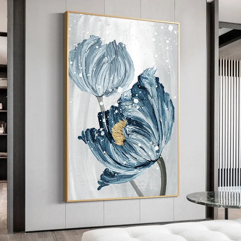 Custom Hand-painted Oil Painting Abstract Blue Flowers Thick Texture Living Room Bedroom Study Large Art Decorative Painting