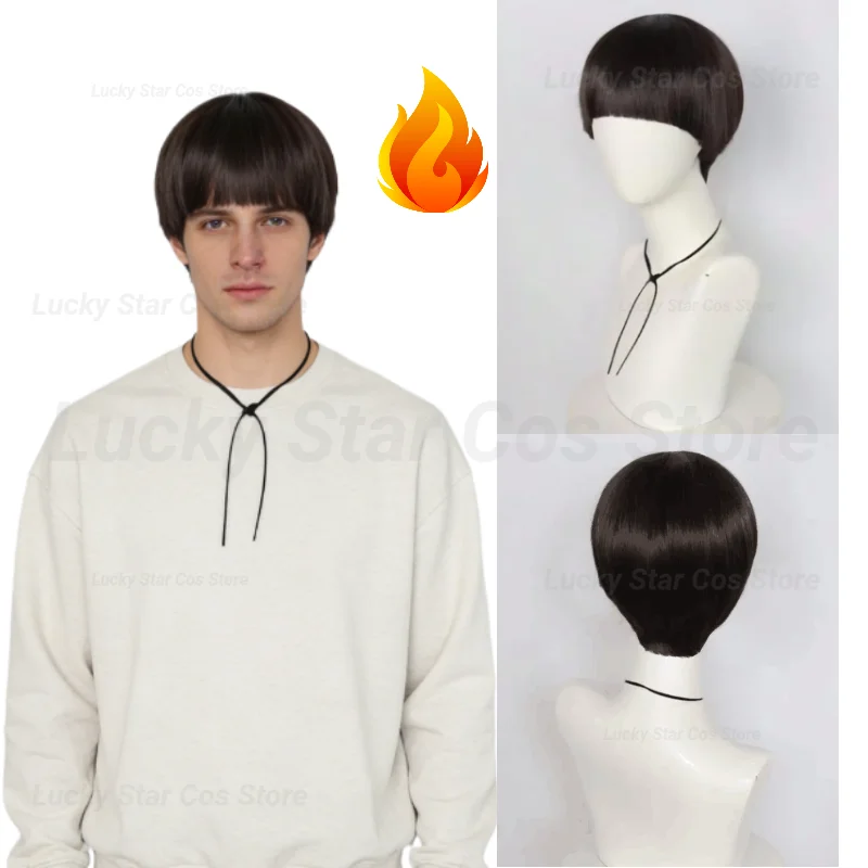 

Short Brown Cosplay Wig for Men Synthetic Bowl Cut Hair Retro Wig Halloween Christmas Party Costume