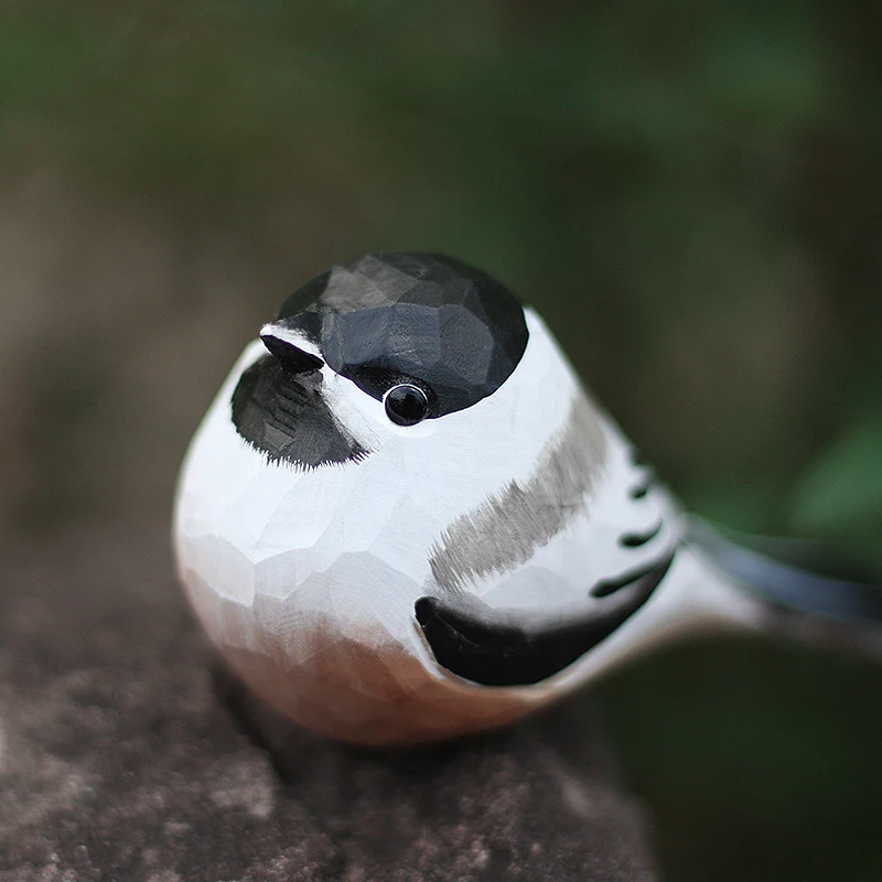 Black top tit handmade natural solid wood Poecile atricapilla desktop wooden Black-capped Chickadee bird ornaments