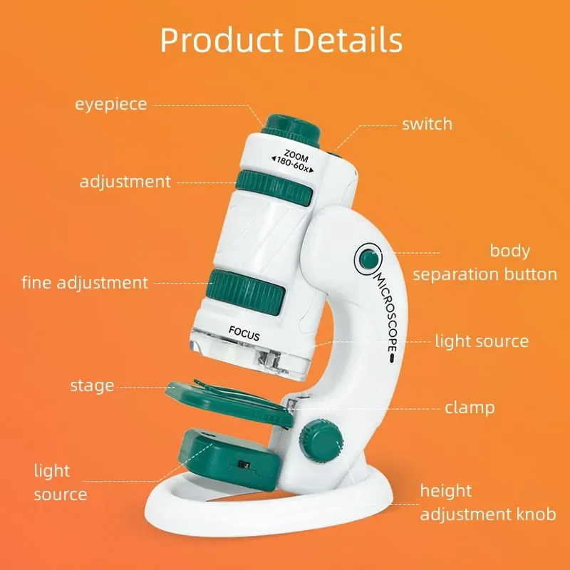 Kit di giocattoli per microscopio scientifico per bambini 60-180x microscopio per smartphone portatile Mini tascabile educativo con luce a LED per