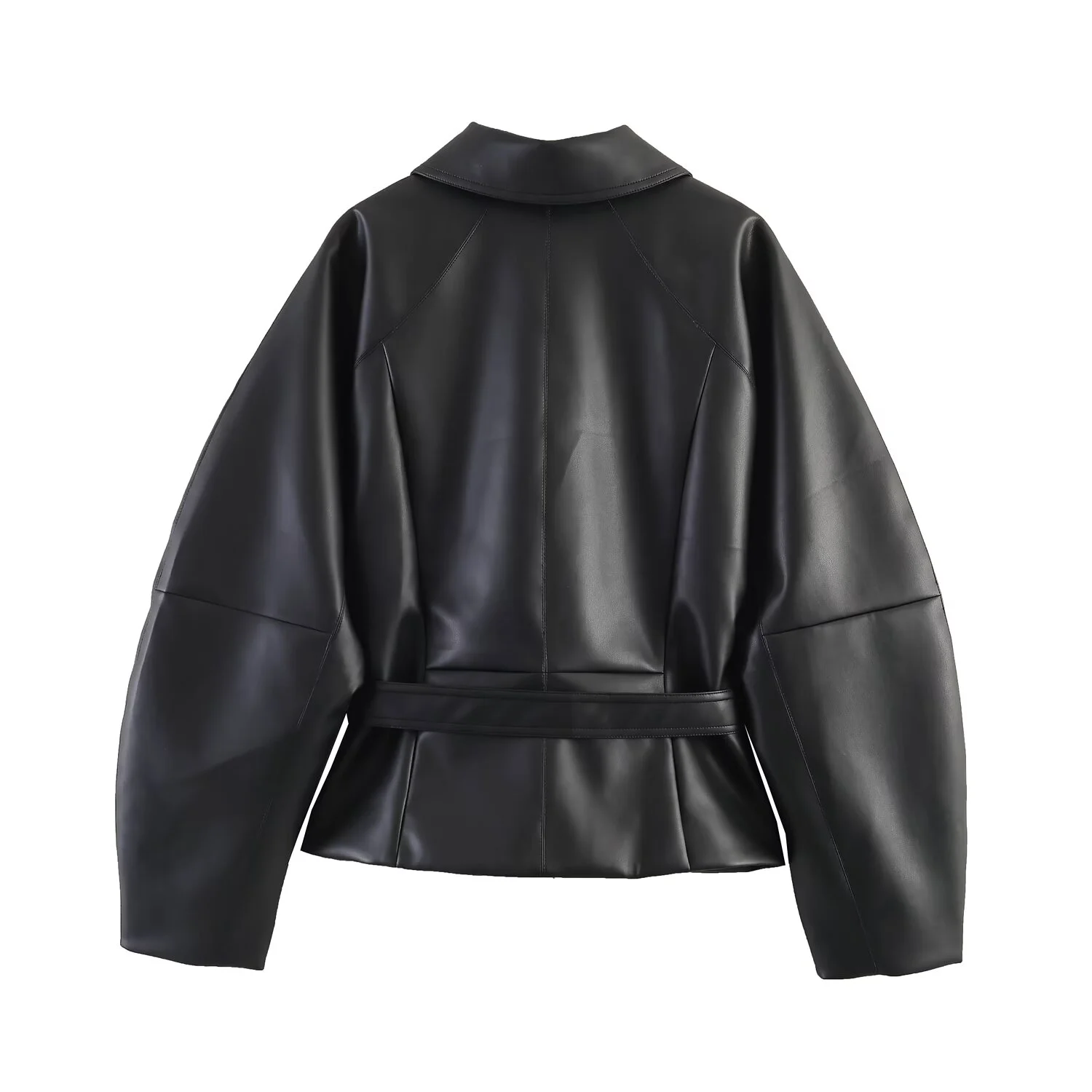 SLTNX Women Fashion Black Short Faux Leather Trench Coat Long Sleeve Lapel Jacket With Belt Vintage Motorcycle Jacket Outwear