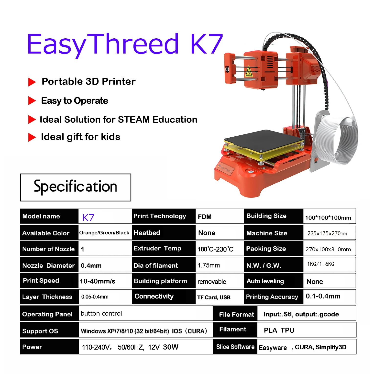 EasyThreed K7 Mini Desktop 3D Printer, 100mm Build Size Portable FDM 3D Printer for Kids & Beginners