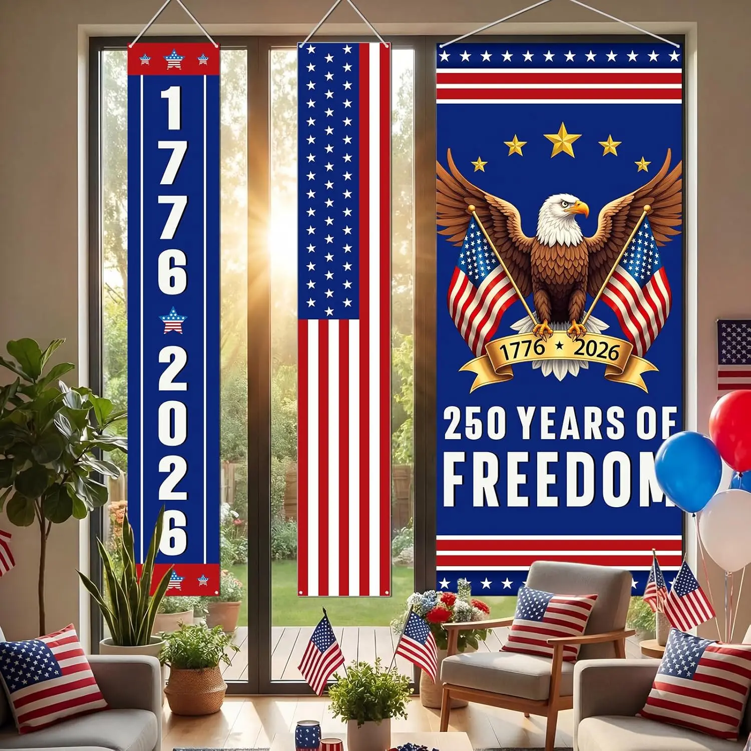 Peryiter 3Pcs 250th Anniversary Patriotic Porch Banners, 1776-2026 USA Freedom Door Cover, Sign for 4th of July Independence