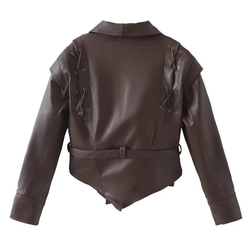 Mulheres jaquetas bomber de couro casacos com cinto entalhado almofadas de ombro motocicleta rua chique curto outwear moda sólida rendas até