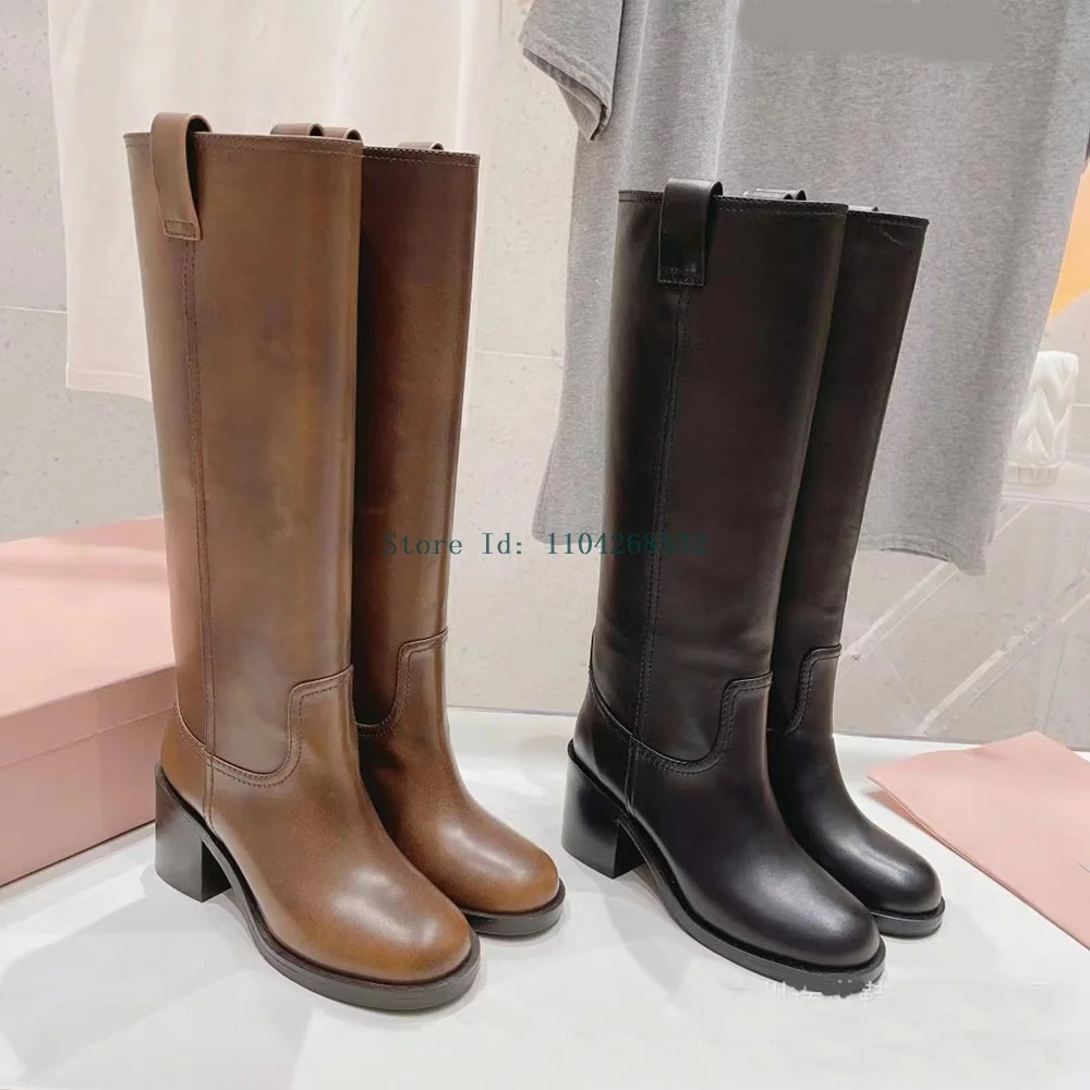 Genuine Leather Sewing Patchwork  Riding Boots Sexy Roued Toe Sewing Square Heel Solid Slip On New Arrivals Fashion Women Boots