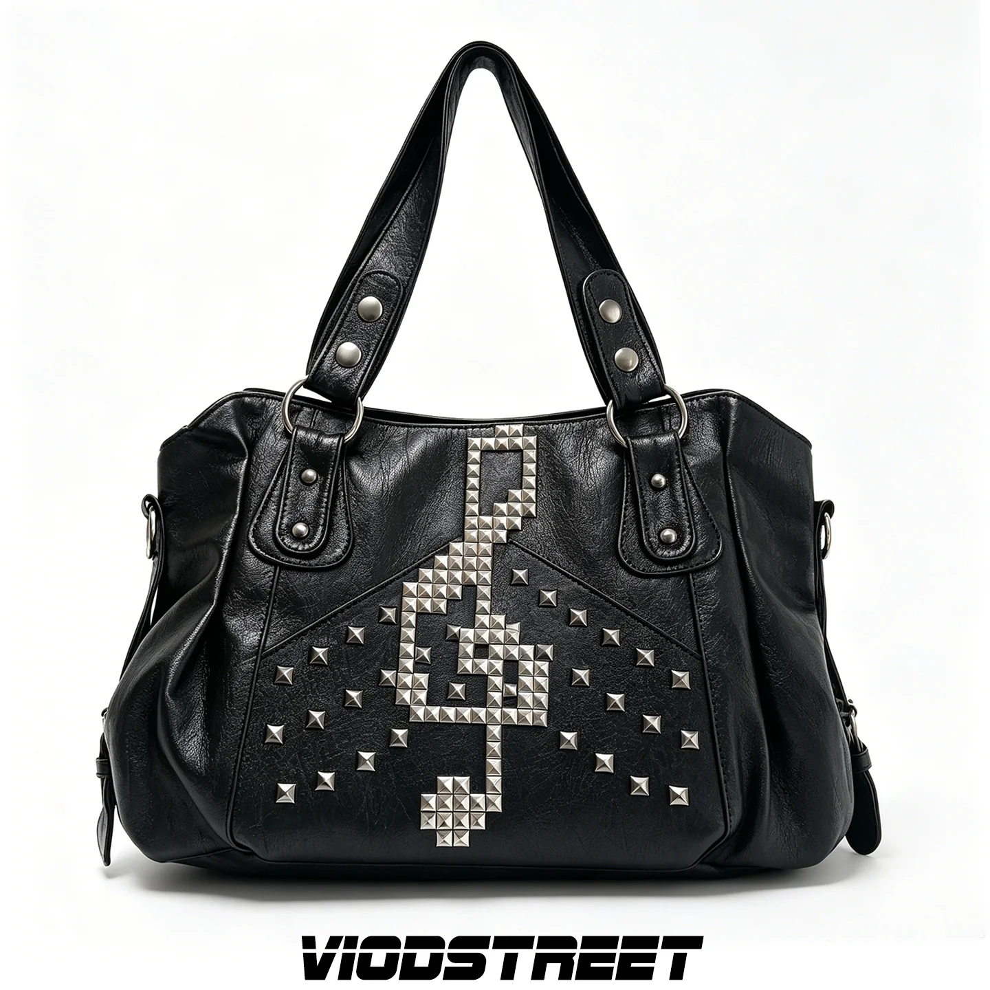 Punk Style Rivet Tote Bag Women's Black Locomotive Bag Large Capacity Rock Commuter Music Note Shoulder Bag