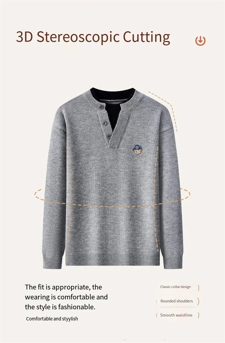 Koreanischer Freizeitpullover für Herren mit langen Ärmeln, Knopfleiste, Farbblockierung, zweiteiliger Optik, Stickerei, Strickware, modische Herrenbekleidung – Detail 4