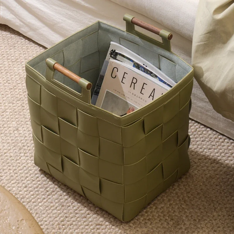 Leather Storage Baskets Durable Dirty Laundry Basket Handmade Leather Woven High End Light Luxury Wooden Home Organization