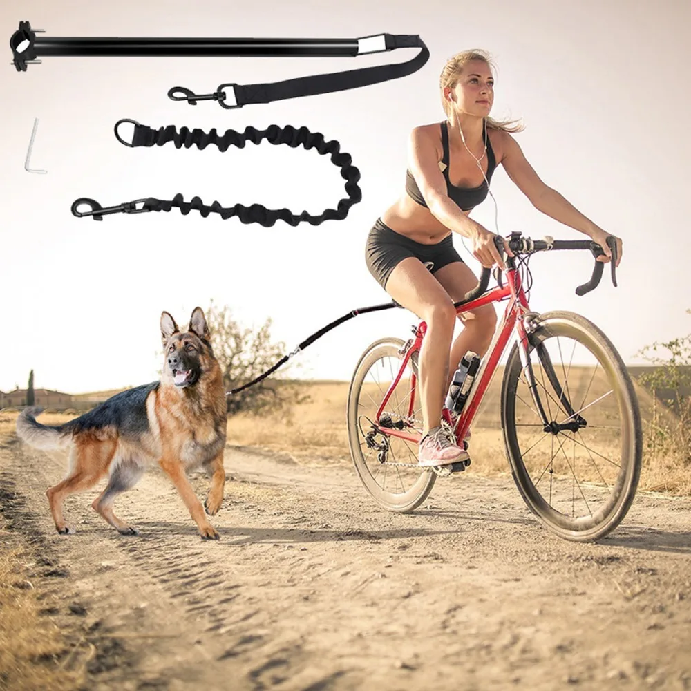 Elastic Buffer Bike Dog Leash Metal Rod Rotatable Clamp No-Hands Dog Bike Attachment High Tensile Strength Adjustable Length