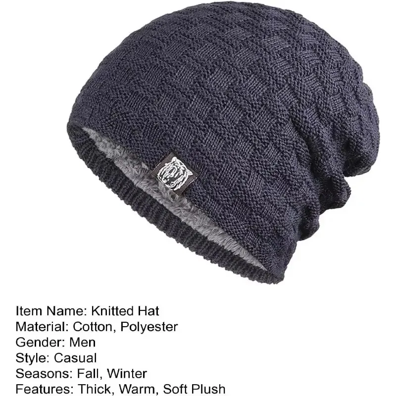 Mens Plush Lining Beanie Winter Hat Outdoor Sports Keep Warm Knitted Skully Hat Cycling Camping Cap Cold Weather Gear, image 5