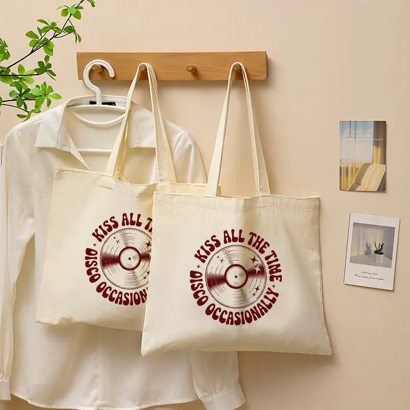 Kiss All the Time Disco Occasionally Canvas Tote Bags Women Harajuku Large Capacity Fashion Shopping Bag Album Merch Tour Gift