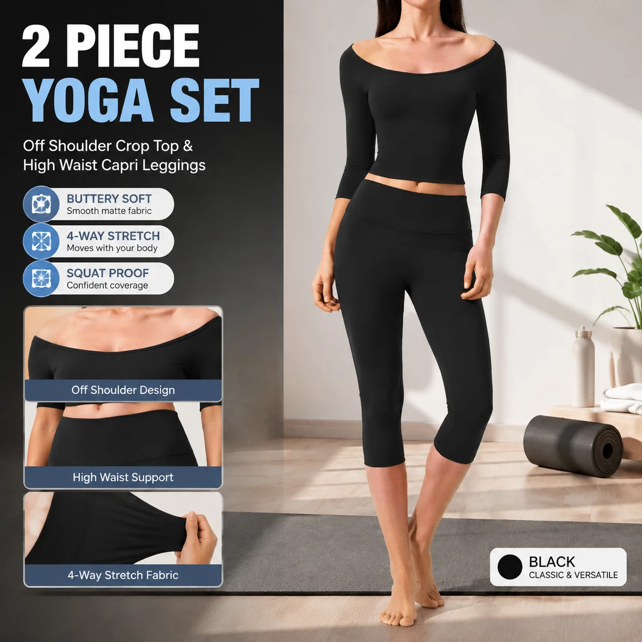 Women 2 Piece Yoga Set Off Shoulder Crop Top High Waist Capri Leggings Gym Workout Lounge Set