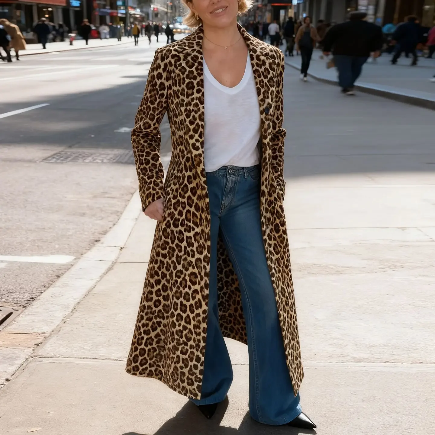 2025 automne et hiver nouvelle vente chaude femmes costume col imprimé léopard imprimé veste décontracté plus long trench manteau