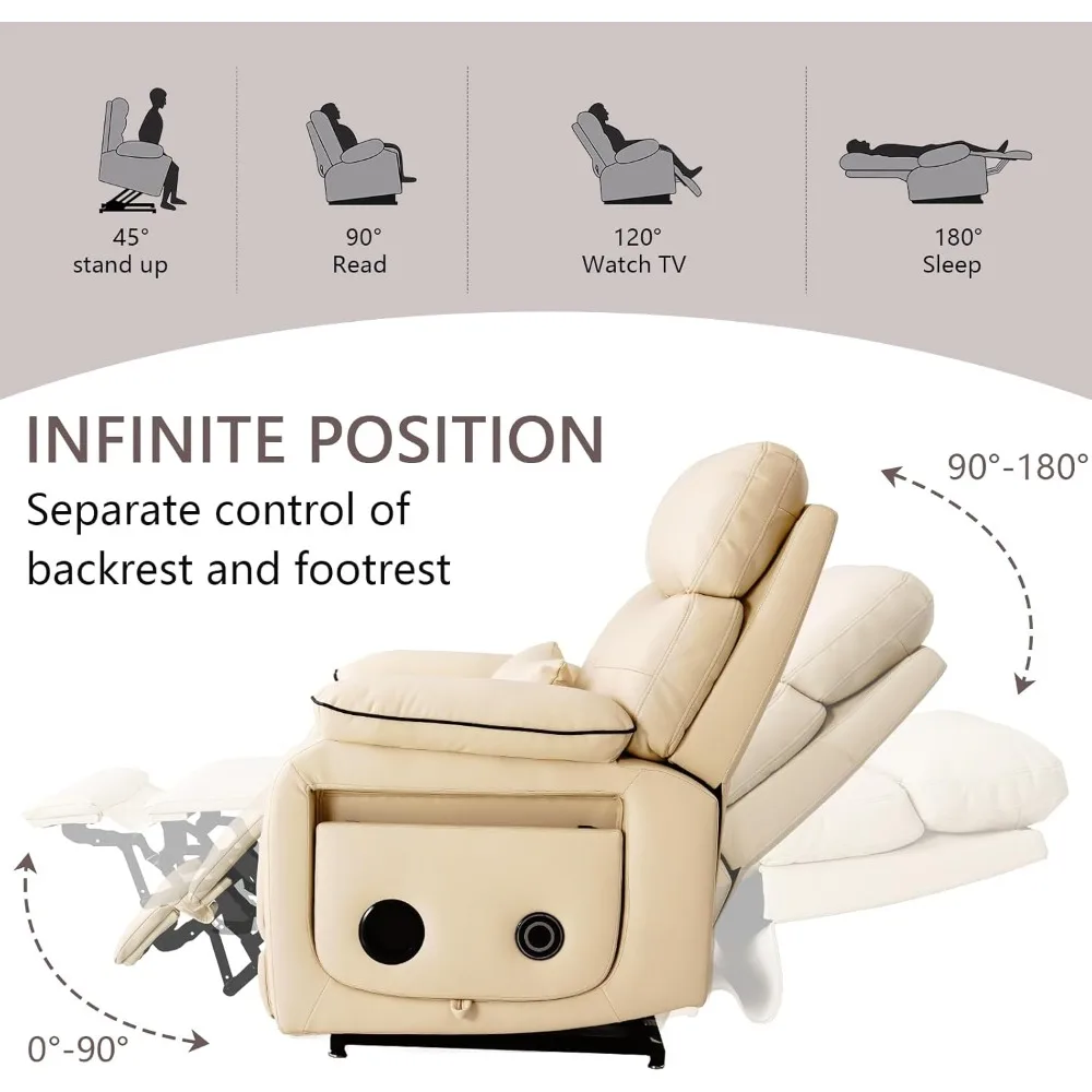 Cadeira reclinável de elevação elétrica de motor duplo para adultos e idosos, cadeira de elevação plana de posição infinita com calor e massagem, suporte de copo