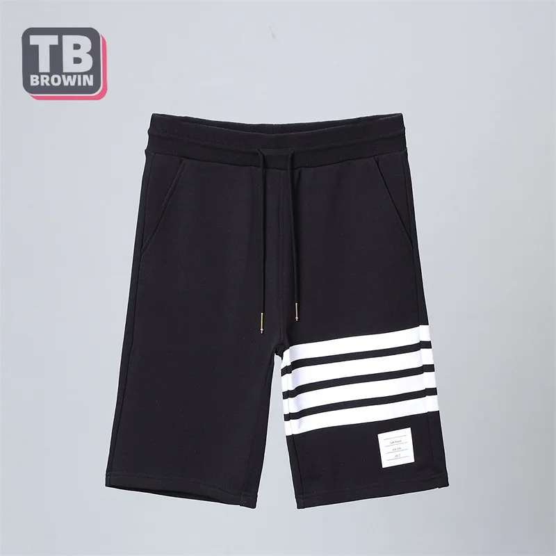 TB pantalones cortos informales para hombre, de cuatro barras pantalón a rayas, algodón con cordón, marca deportiva, Verano