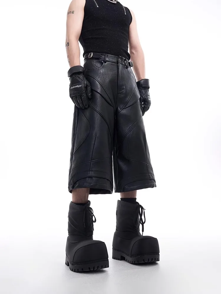 Mauroicardi Spring Summer Cool Handsome Black Pu Leather Shorts for Men High Waist Knee Length Short Straight Pants Clothes 2025 - Image 3