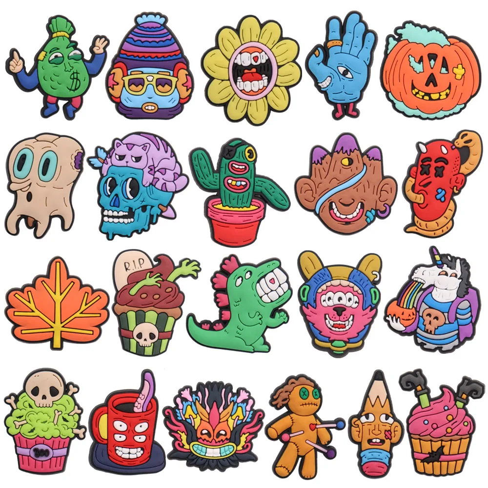 New 1pcs PVC Shoe Charms Fit Wristbands Money Bag Flower Hand Pumpkin Tooth Skull Hole Slipper Decoration Shoe Accessories