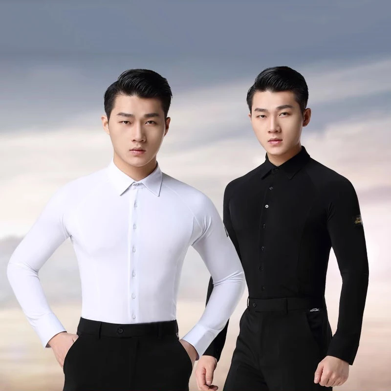 White Men Latin Dance Shirt Clothes Long Sleeve Standard Modern Ballroom Tops Performance Waltz Practice Dancewear Costumes