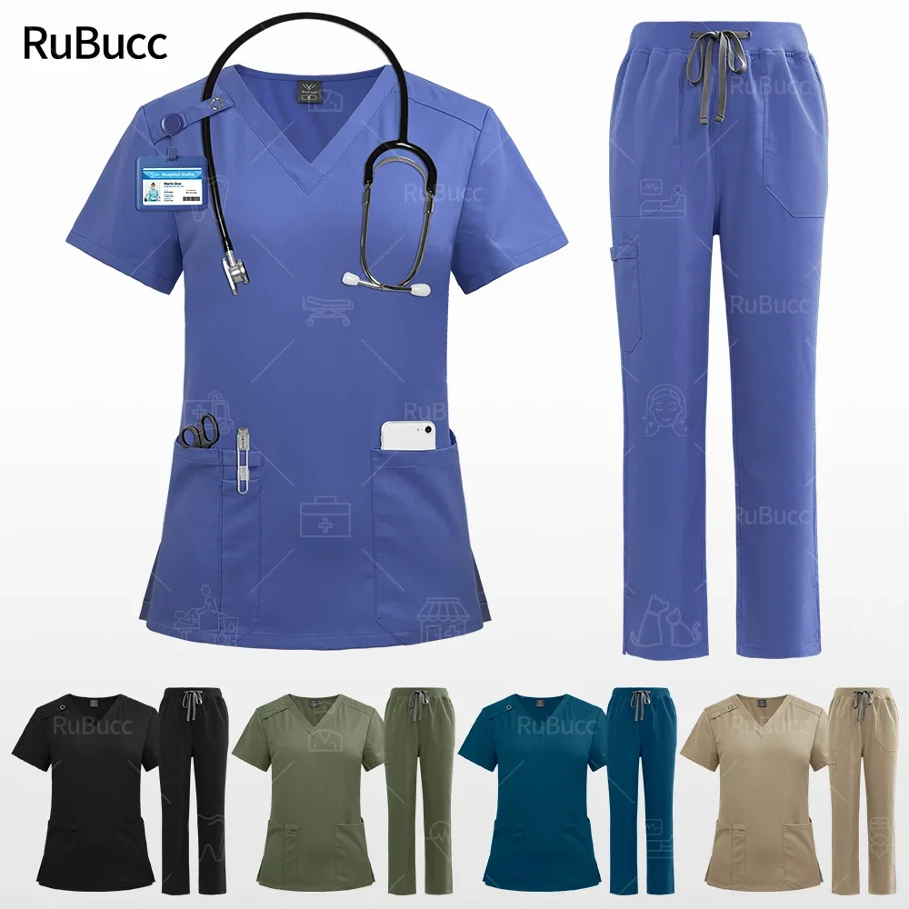 

New Medical Uniform Scrub Sets Dentistry Surgical Nurse Workwear Women Men Essential Slim Classic Petite Pet Nursing Scrubs Suit