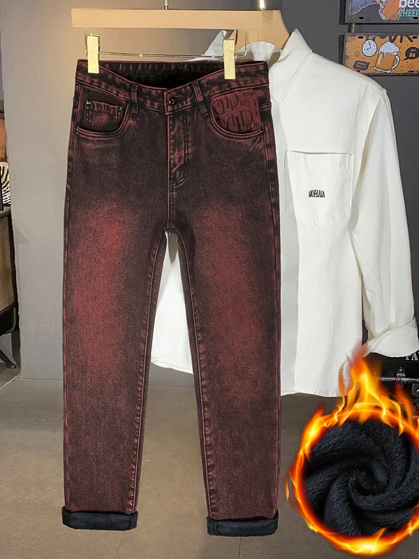 

Thiened Fce Men's Jeans Winter New Sle Warm Slimming Long Pants Printed Design mid Waist Zipper Closure Casual Sle