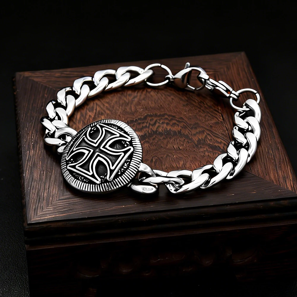 Classic Vintage Knights Templar Iron Cross Bracelet Stainless Steel Punk Hip Hop Christian Cross Men Bracelets Religious Jewelry