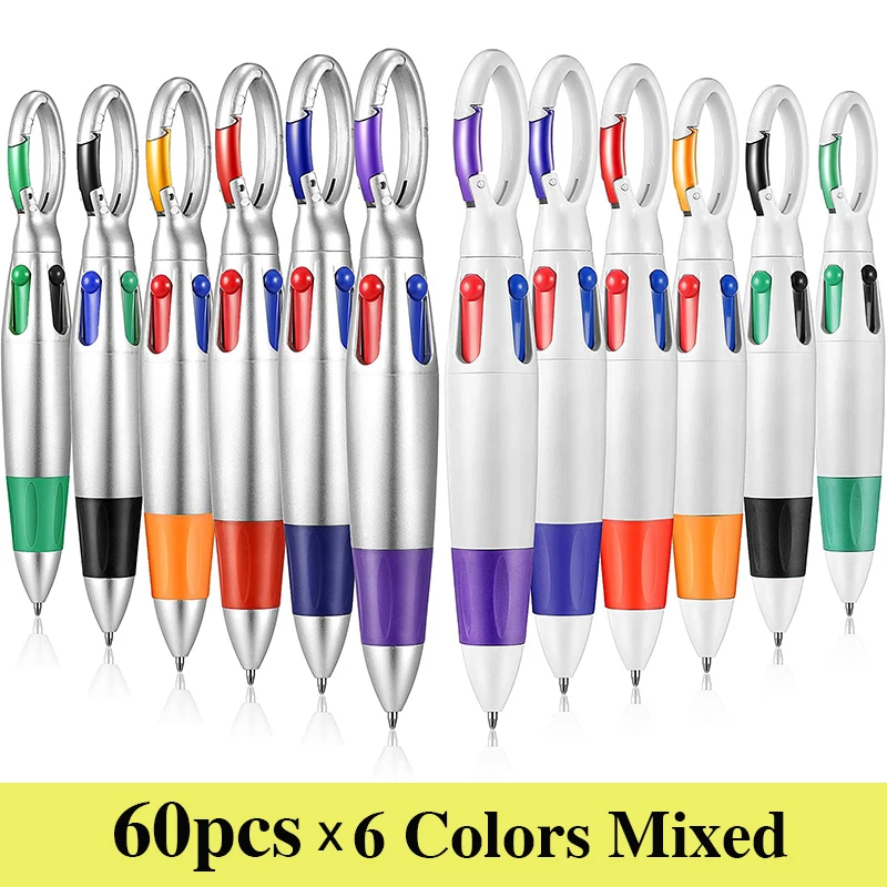 60 Pcs Retractable Shuttle Pen With Hiking Clip Mini 4-in-1 Multi-color Ink Ballpoint Pen With Key Chain For Children Nurses