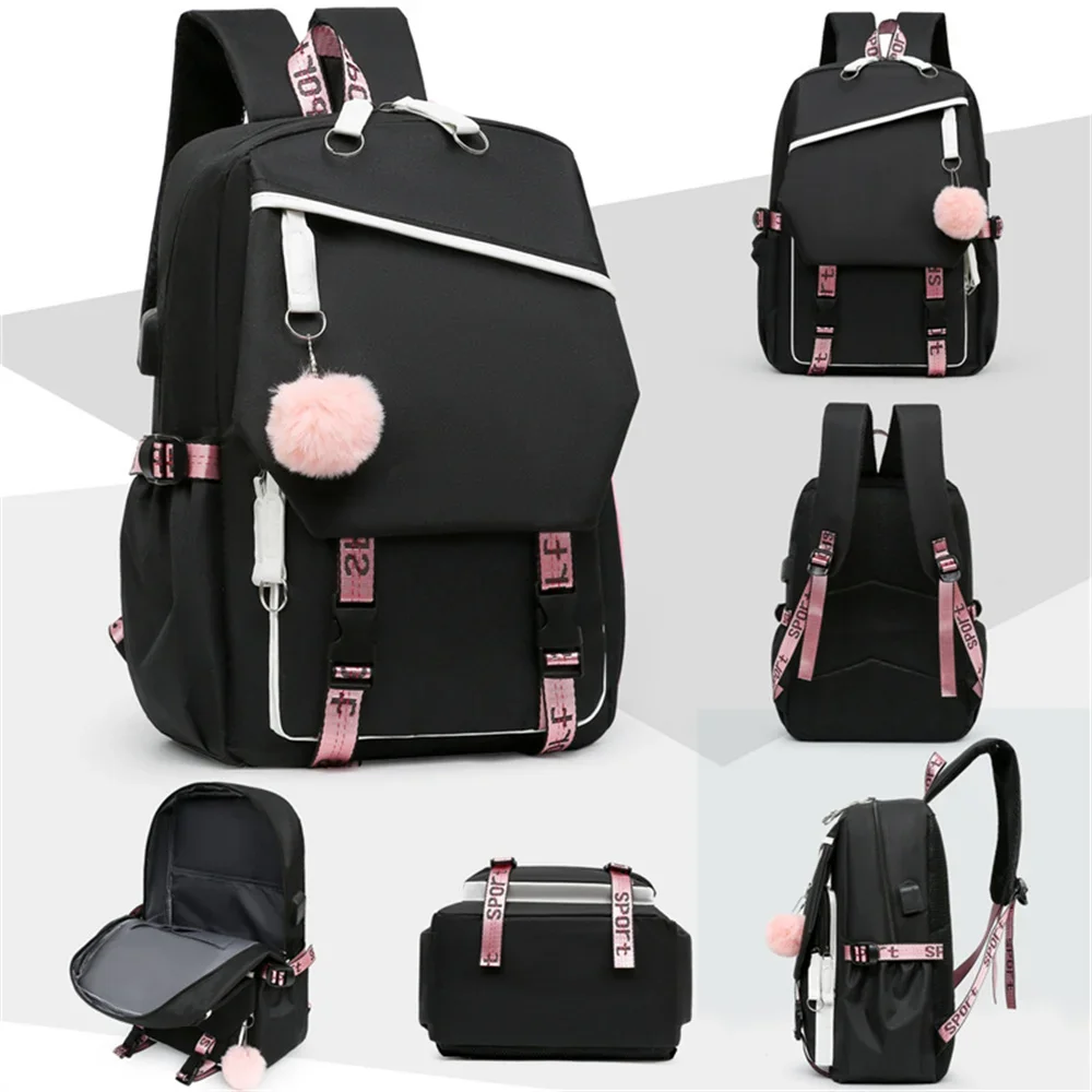 Imagem -05 - Mochila Escolar para Meninas Adolescentes Ginástica Menina Aquarela Ginástica Mochila Bookbag Porta Usb Mochila Escolar Preto Rosa Bagpack