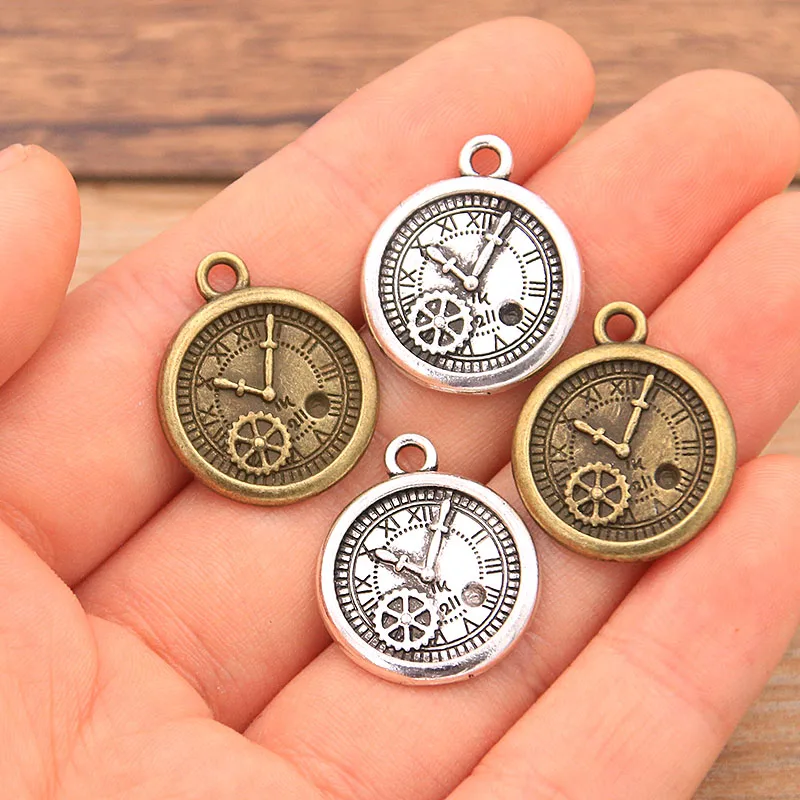 10PCS 18*21mm Two Color Vintage Metal Zinc Alloy Round Steampunk Clock Charms For DIY Necklace Bracelet Jewelry Making Findings