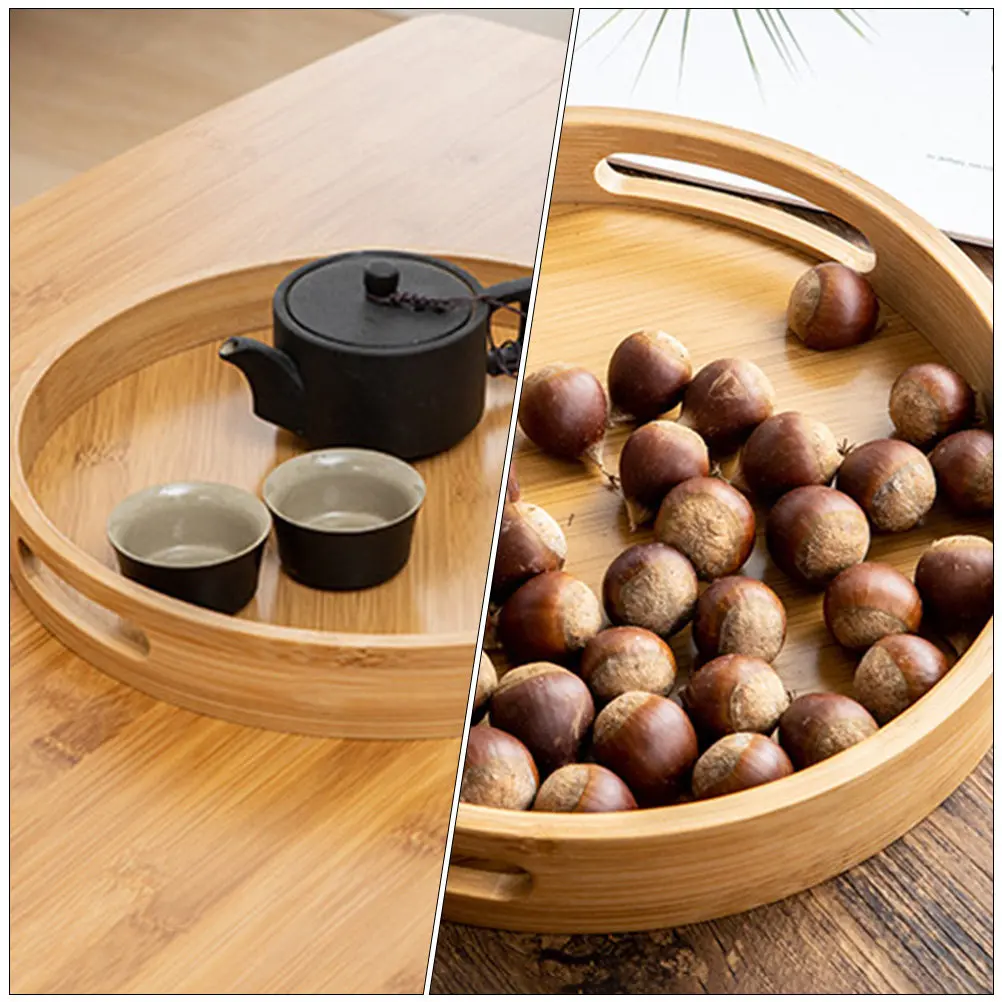 1Pcs Japanese Style Bamboo Tray Round Portable with Handles Rustic Serving Dish for Bread Rolls Cookies Desserts Banquet