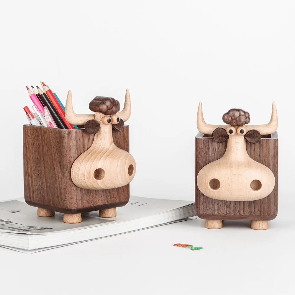 Nordic Style Wooden Calf Sculptures,Walnut Wood Cow Storage Figurines,Home Decor Animal,Storage For Pen/TV Remote/Keys/Sundries