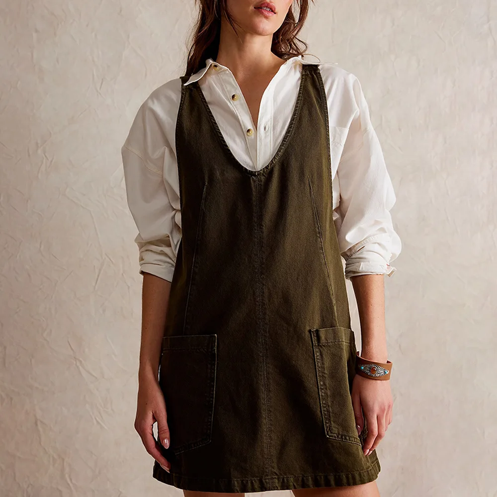 

Women's Sports Denim Retro Dress Work Clothes Solid Color Pocket Backless Sexy High Waist Loose Mini Casual Street Dress