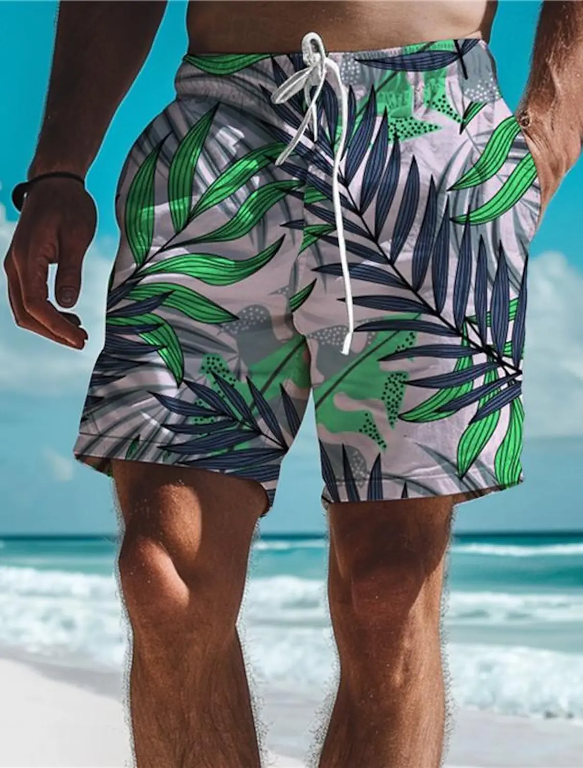 Leaf Tropical Men\'s Board Shorts Hawaiian Short 3D Printed Swim Trunks Elastic Drawstring Breathable Stretch Aloha Style