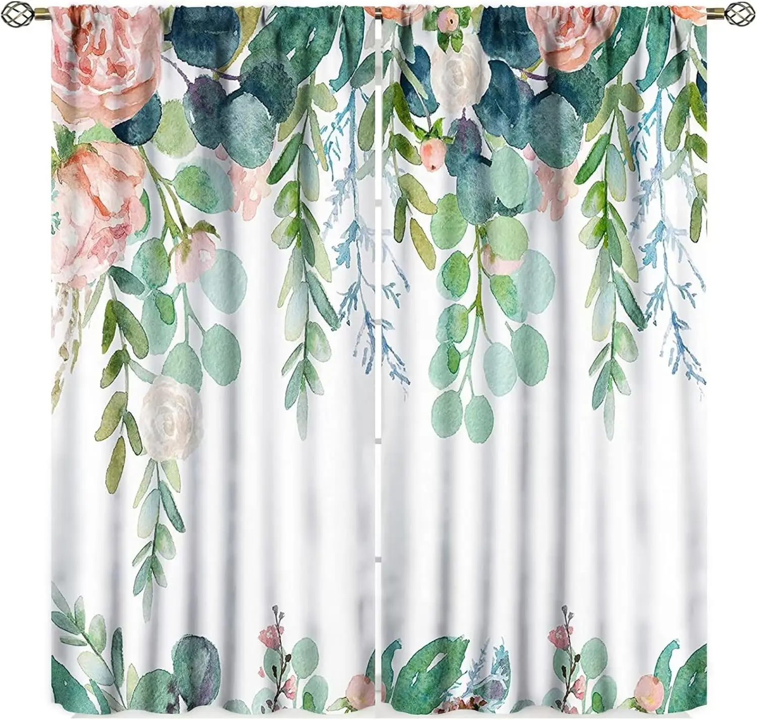 Watercolor Spring Botanical Floral Curtains, Green Leaf Nature Print 2 Panels Fabric Drapes for Girls Women Bedroom Living Room
