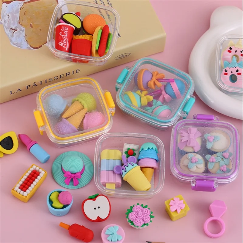 

QIANKONG 2024 New Cute Bento Box Dessert Eraser Set Rubber for Kids Korean Stationery Kids School Supplies Cute Stationery