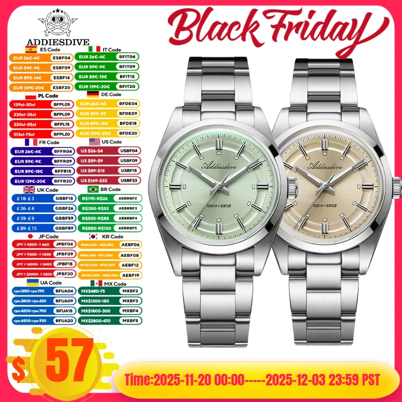 

ADDIESDIVE 36mm Man Watch AD2515 100m Waterproof VH31 BGW9 Super Luminous 316L Stainless Steel Bubble Mirror Glass Quartz Watch