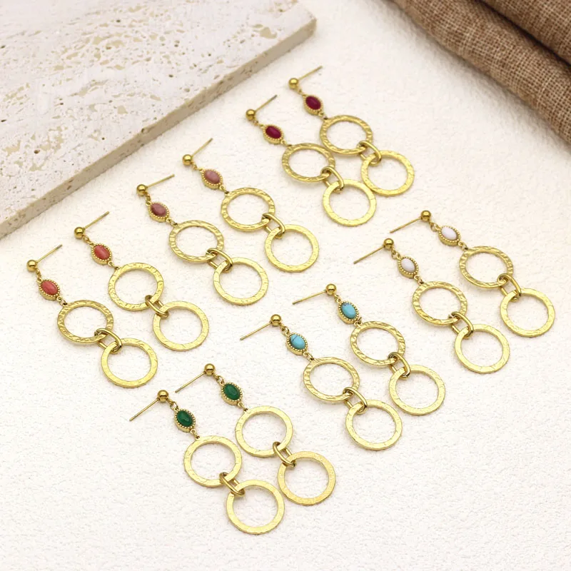 

Vintage Damascus Pattern Double Ring Pendant Women's Earrings Stainless Steel Gold-plated Natural Stone Trendy Jewelry Female