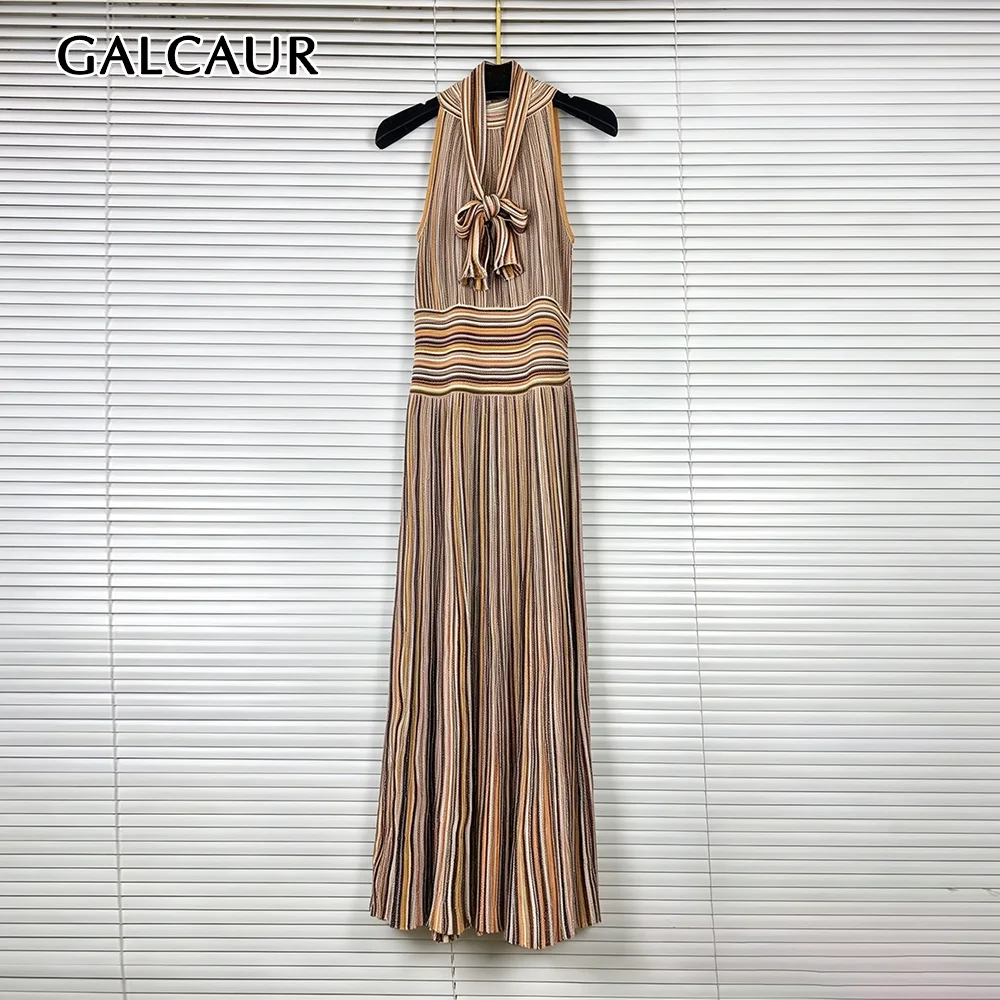 GALCAUR Colorblock Slimming Spliced Stripe Dress for Women Round Neck Sleeveless Patchwork Zipper Midi Dresses Female Fashion