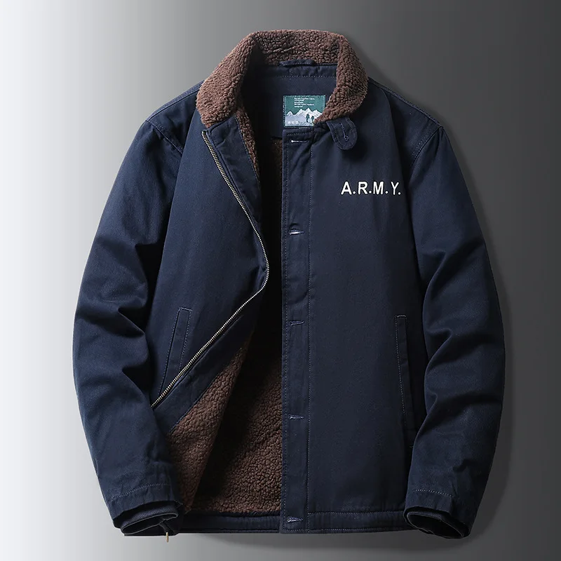 

Man Winter Jacket Retro Thicken Fleece Letter Embroidery Zipper Male Cargo Coat Turn Down Collar Long Sleeve Men Outerwear